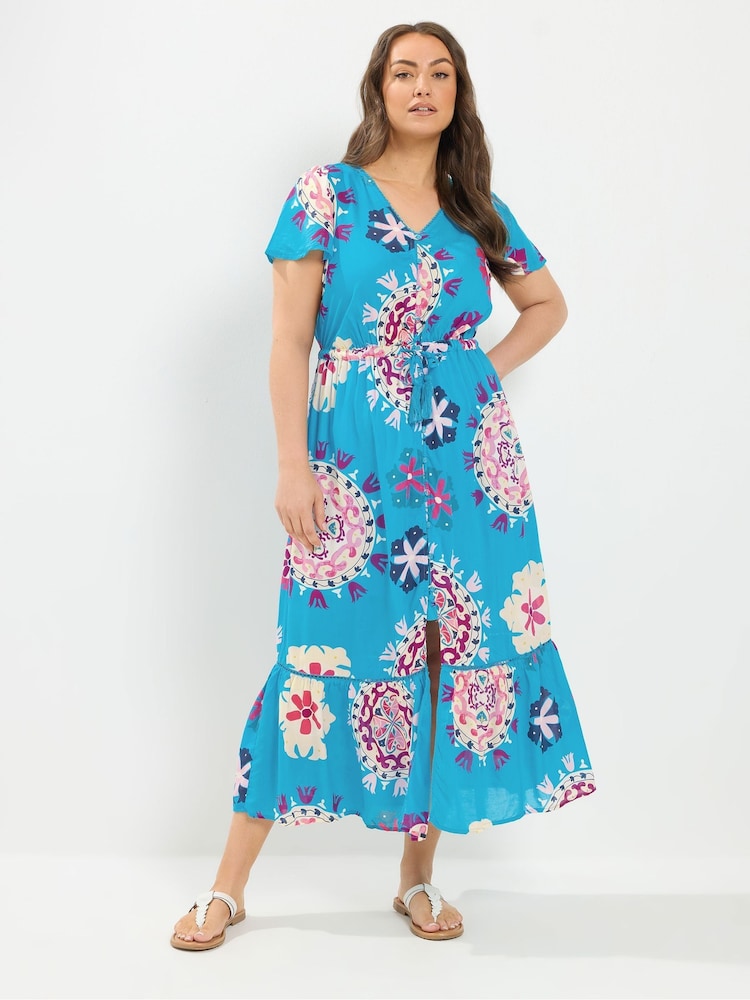 Yours Curve Blue Block Print Angel Sleeve Dress - Image 2 of 6 Yours Curve Blue Block Print Angel Sleeve Dress - Image 2 of 6