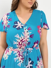 Yours Curve Blue Block Print Angel Sleeve Dress - Image 4 of 6