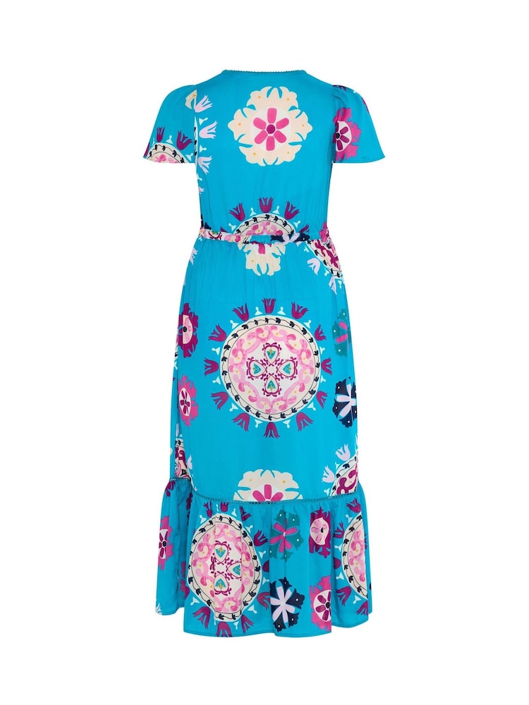 Yours Curve Blue Block Print Angel Sleeve Dress - Image 6 of 6 Yours Curve Blue Block Print Angel Sleeve Dress - Image 6 of 6