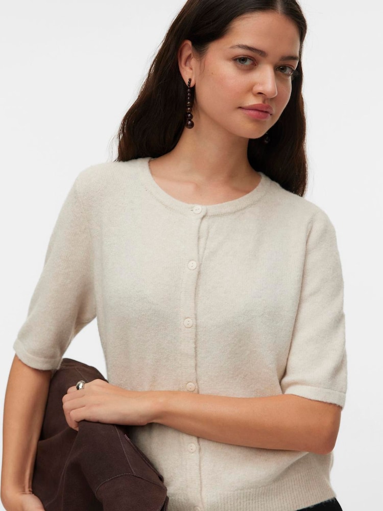 VERO MODA Cream Round Neck Short Sleeve Cardigan - Image 1 of 4