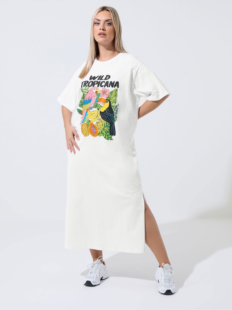 Yours Curve White Limited Tropical T-Shirt Dress - Image 1 of 5
