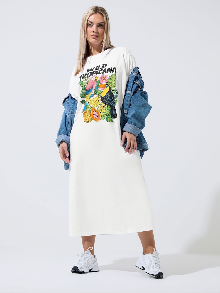 Yours Curve White Limited Tropical T-Shirt Dress - Image 2 of 5