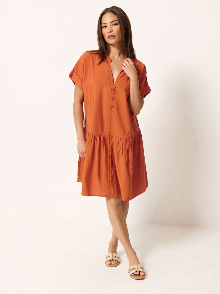 PixieGirl Petite Orange Button Through Drop Waist Shirt Dress - Image 2 of 5