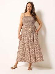 Yours Curve Brown Shirred Sundress - Image 1 of 5