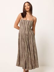 PixieGirl Petite Brown Stripe Pleated Midaxi Dress - Image 1 of 5