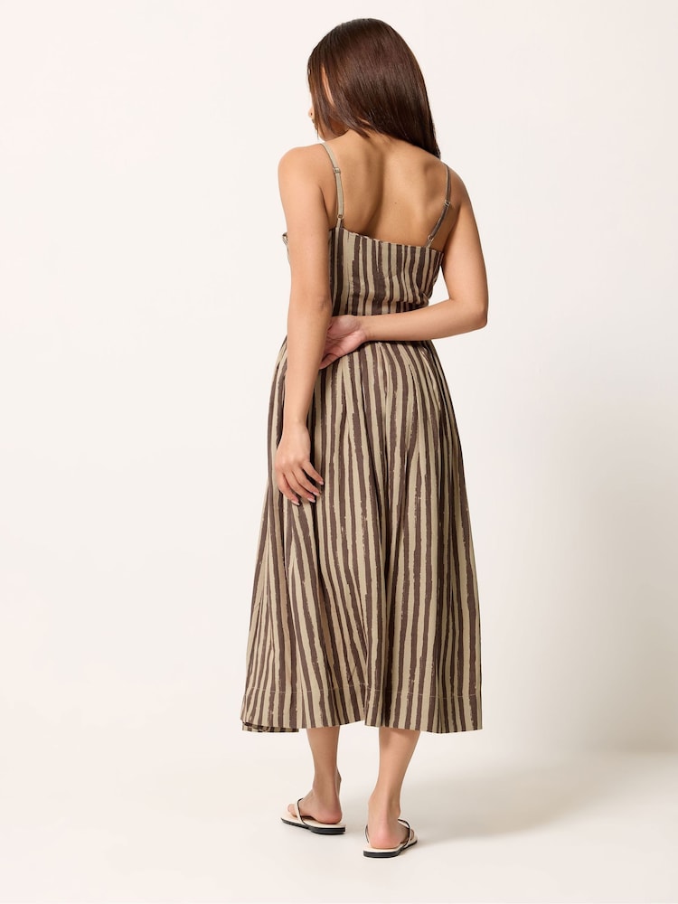 PixieGirl Petite Brown Stripe Pleated Midaxi Dress - Image 2 of 5