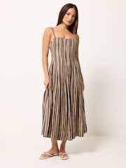 PixieGirl Petite Brown Stripe Pleated Midaxi Dress - Image 3 of 5