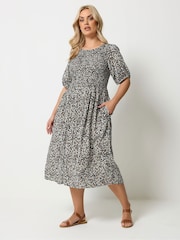 Yours Curve Brown Shirred Puff Sleeve Midaxi Dress - Image 1 of 5