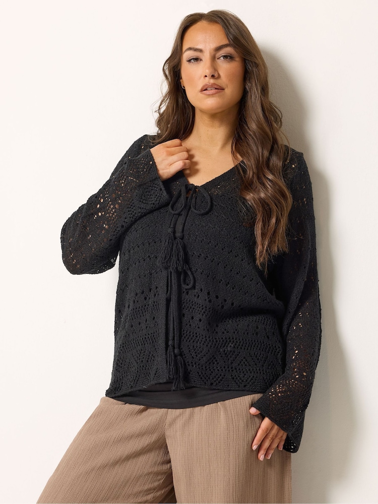 Yours Curve Black Pointelle Stitch Tie Cardigan - Image 1 of 5