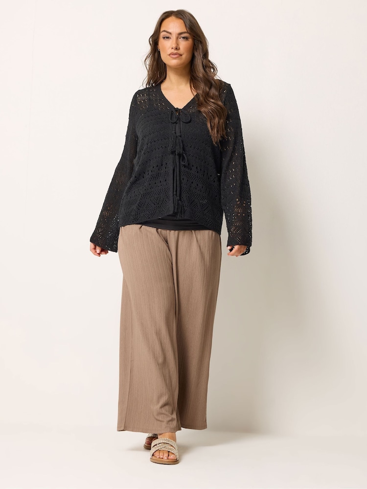 Yours Curve Black Pointelle Stitch Tie Cardigan - Image 2 of 5