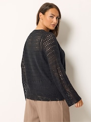 Yours Curve Black Pointelle Stitch Tie Cardigan - Image 3 of 5