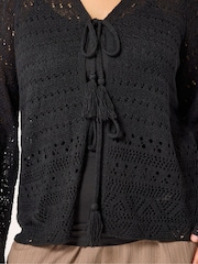 Yours Curve Black Pointelle Stitch Tie Cardigan - Image 4 of 5