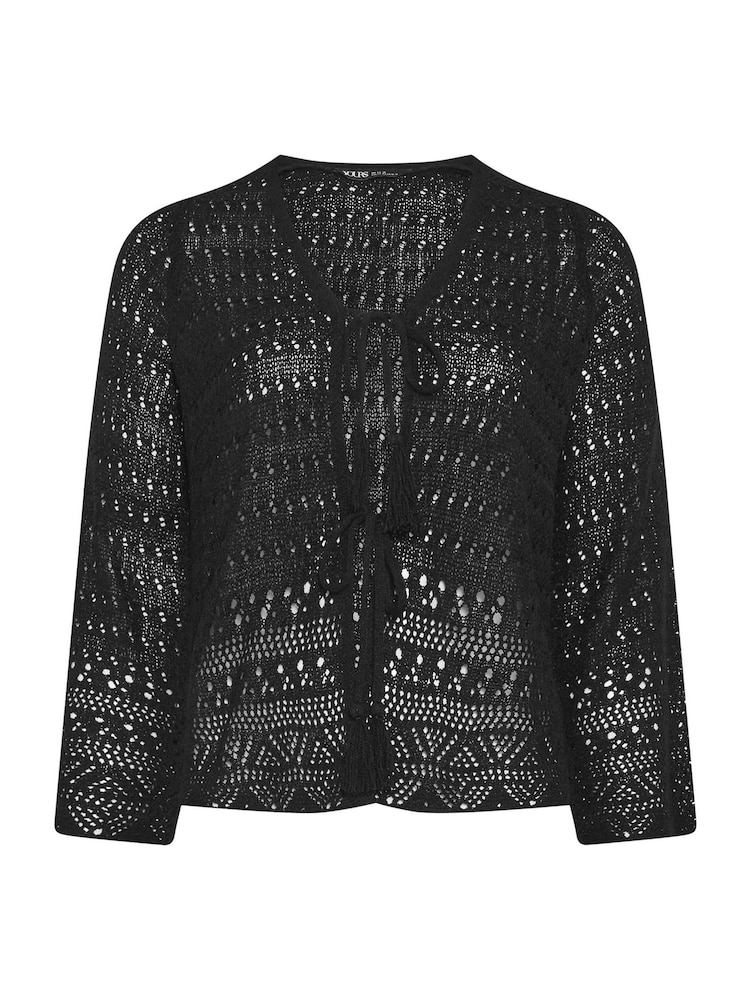 Yours Curve Black Pointelle Stitch Tie Cardigan - Image 5 of 5