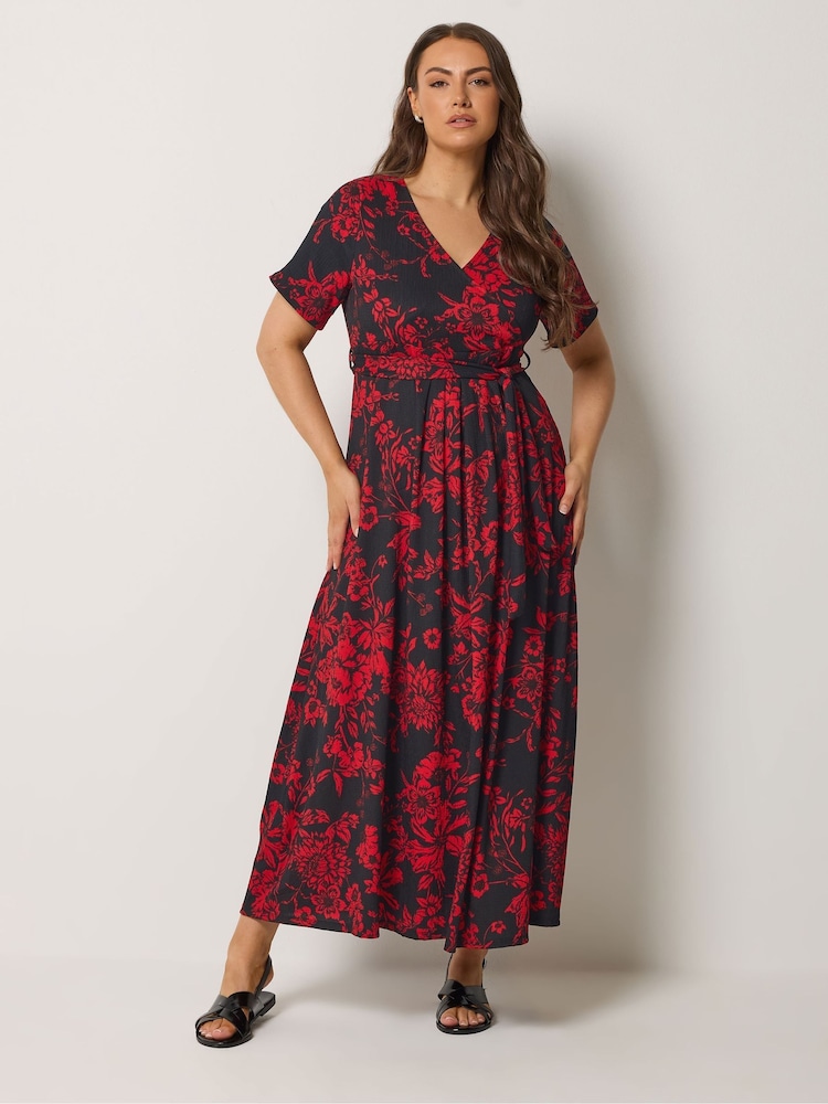 Yours Curve Red Floral Wrap Dress - Image 2 of 5