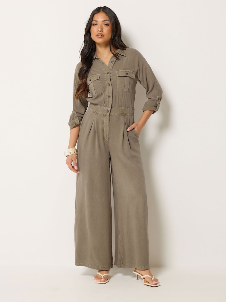 PixieGirl Petite Khaki Green Acid Wash Wide Leg Jumpsuit - Image 1 of 4