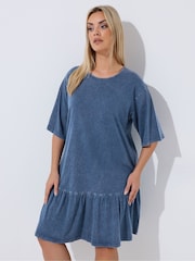 Yours Curve Blue Limited Acid Wash Frilled Hem Dress - Image 1 of 5