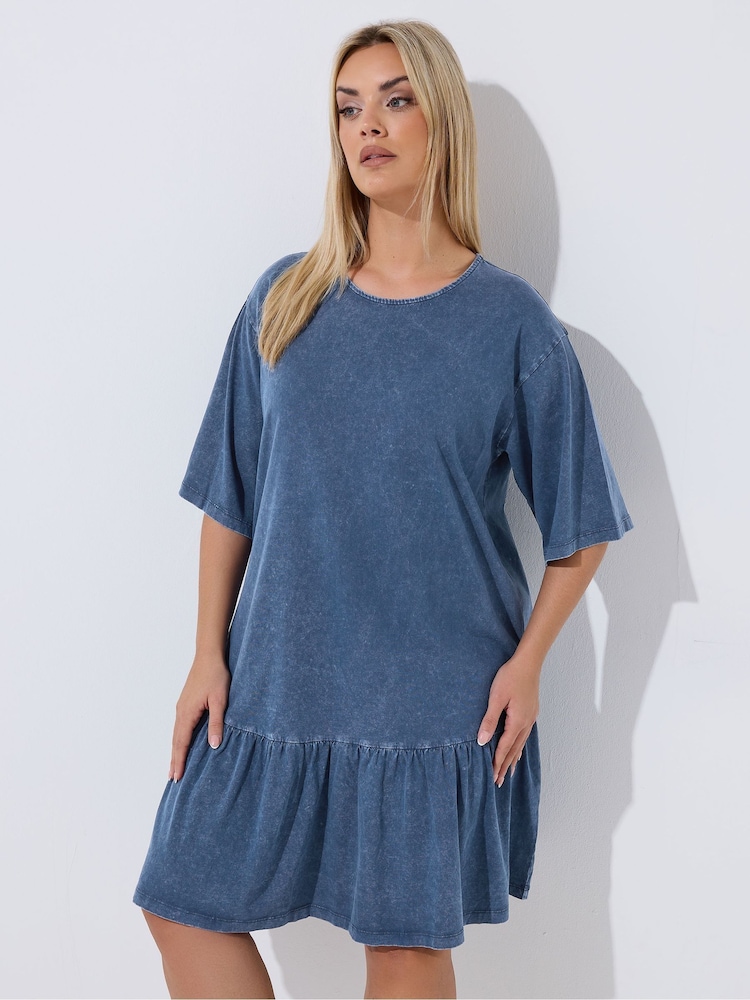 Yours Curve Blue Limited Acid Wash Frilled Hem Dress - Image 1 of 5