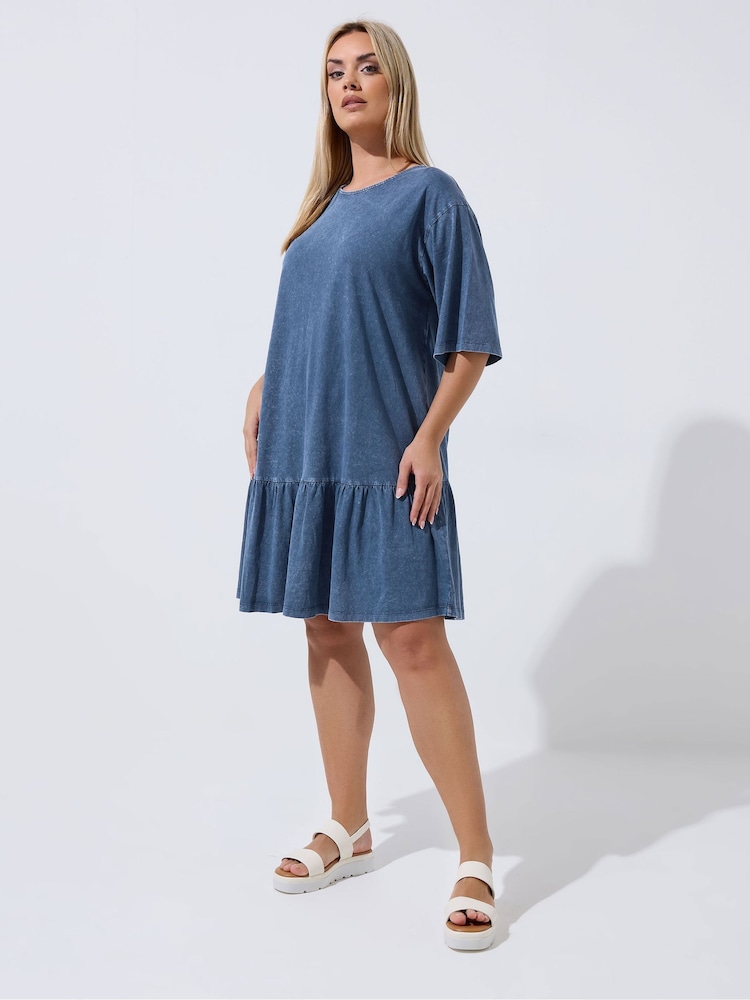 Yours Curve Blue Limited Acid Wash Frilled Hem Dress - Image 2 of 5