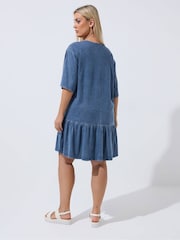 Yours Curve Blue Limited Acid Wash Frilled Hem Dress - Image 3 of 5