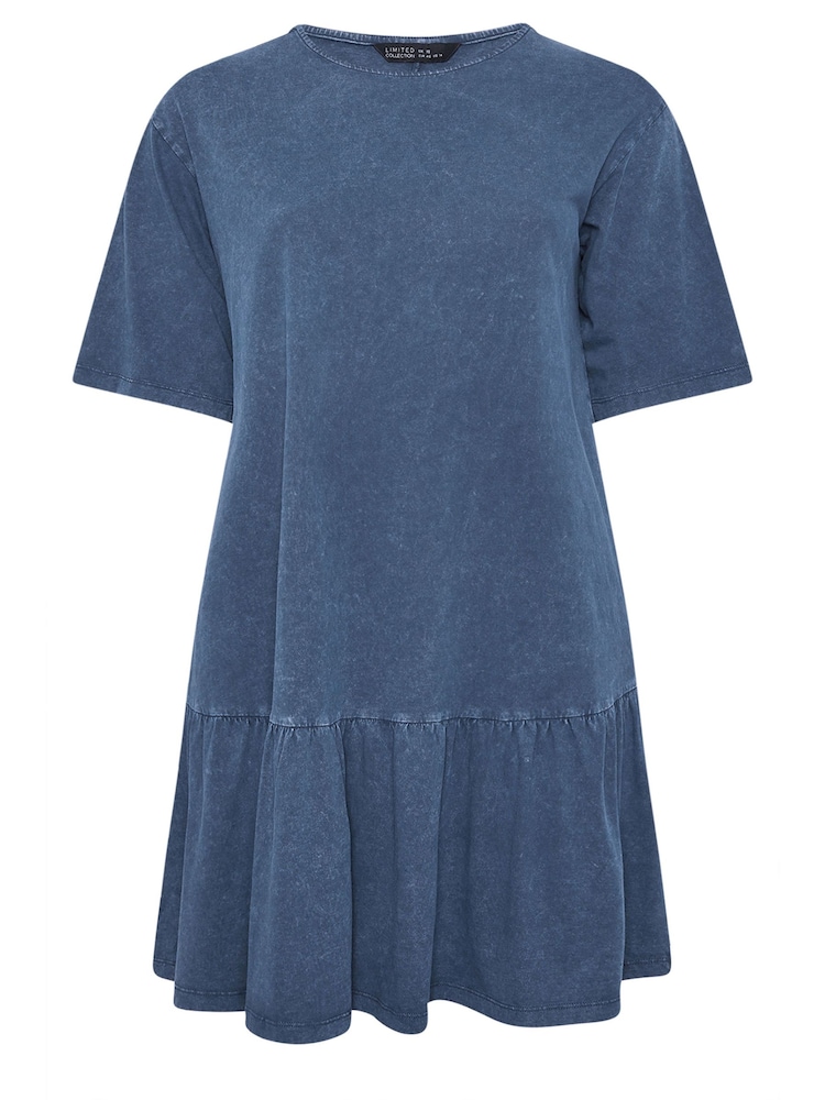 Yours Curve Blue Limited Acid Wash Frilled Hem Dress - Image 5 of 5