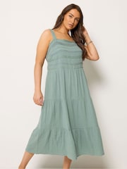 Yours Curve Green Cheesecloth Pleated Tiered Dress - Image 1 of 5