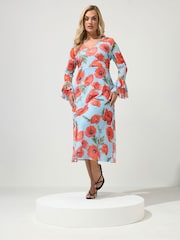 Yours Curve Blue London Ruffle Sleeve Mesh Dress - Image 1 of 6
