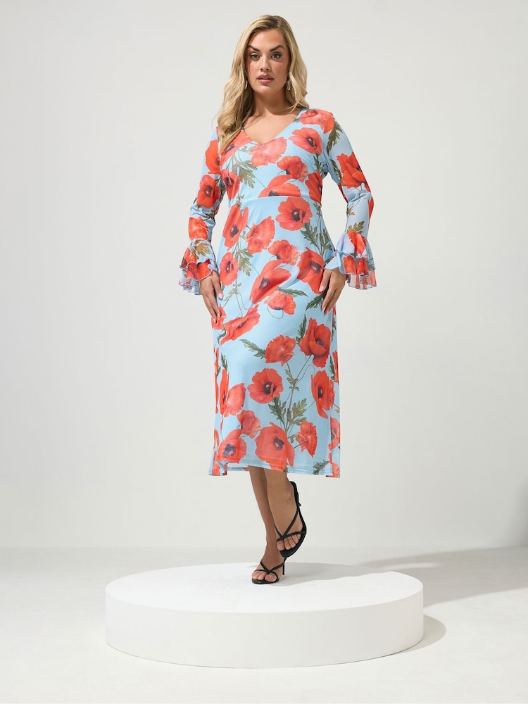 Yours Curve Blue London Ruffle Sleeve Mesh Dress - Image 1 of 6 Yours Curve Blue London Ruffle Sleeve Mesh Dress - Image 1 of 6