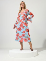Yours Curve Blue London Ruffle Sleeve Mesh Dress - Image 2 of 6