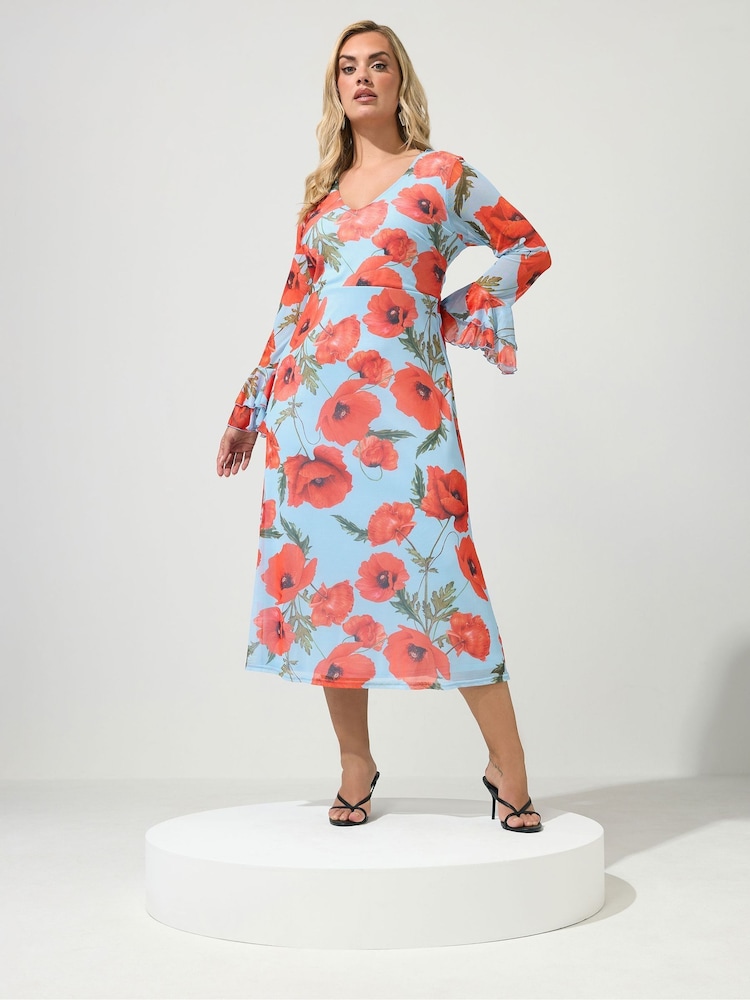 Yours Curve Blue London Ruffle Sleeve Mesh Dress - Image 2 of 6 Yours Curve Blue London Ruffle Sleeve Mesh Dress - Image 2 of 6