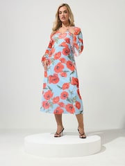 Yours Curve Blue London Ruffle Sleeve Mesh Dress - Image 3 of 6