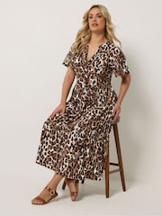 Yours Curve Brown Leopard Half Placket Dress - Image 1 of 6