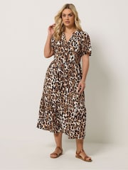 Yours Curve Brown Leopard Half Placket Dress - Image 2 of 6
