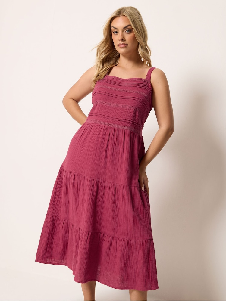 Yours Curve Pink Cheesecloth Pleated Tiered Dress - Image 1 of 5