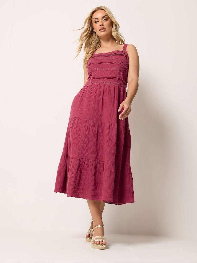 Yours Curve Pink Cheesecloth Pleated Tiered Dress - Image 2 of 5