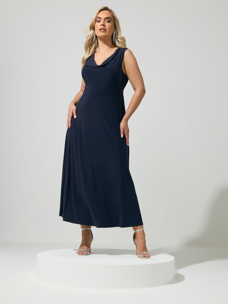 Yours Curve Blue London Ity Cowl Lace Up Maxi Dress - Image 1 of 5