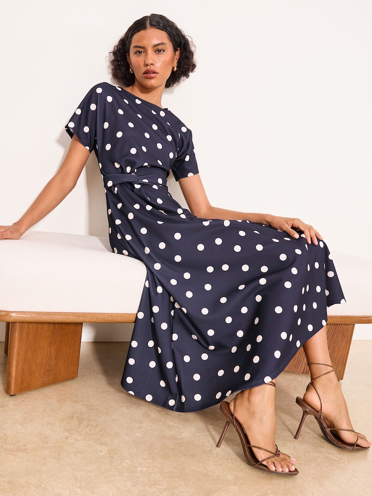 short sleeve polka dot midi dress Lady Black Tie - Short Sleeve White & Black Polka Dot Midi Dress