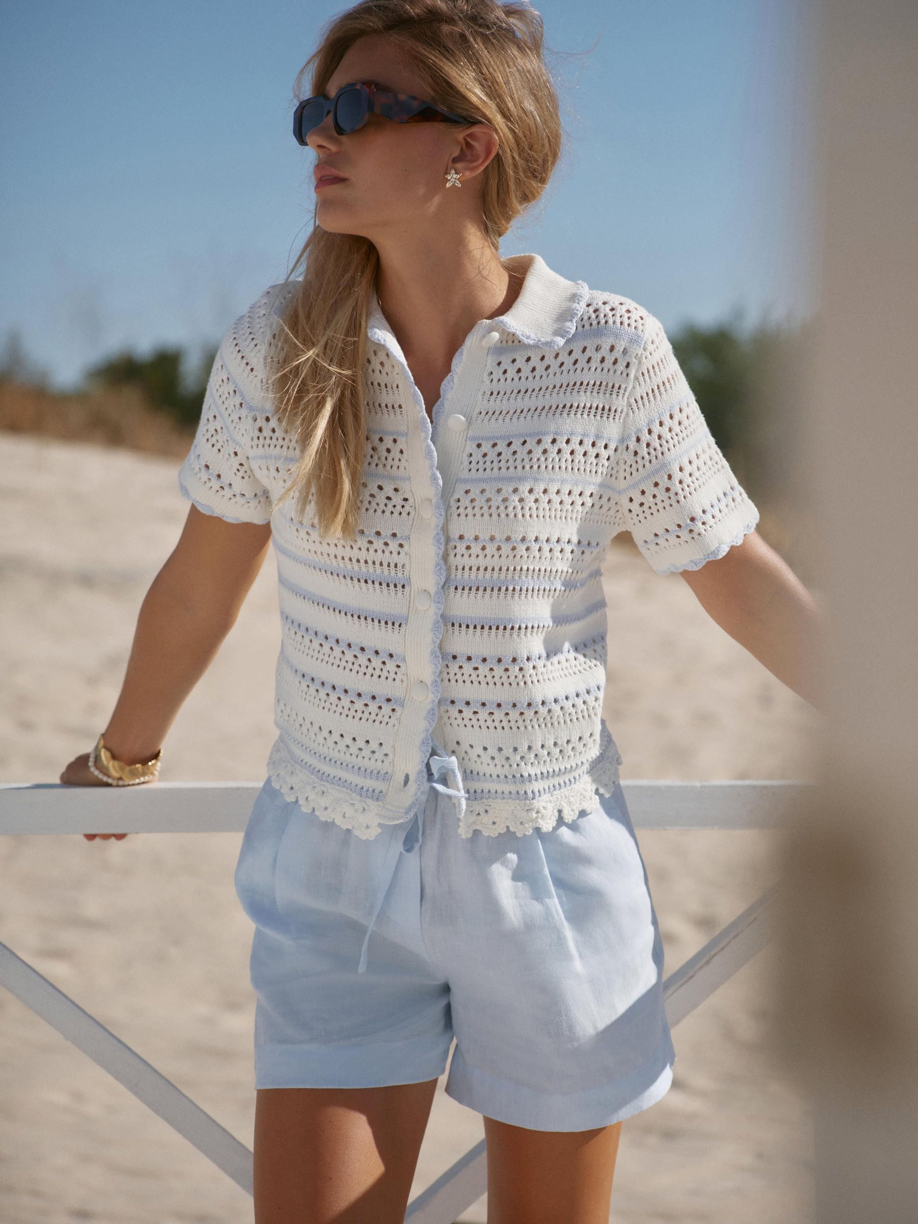 Buy Mint Velvet White Cotton Blend Stripe Crochet Top from the