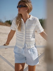 Mint Velvet White Cotton Blend Stripe Crochet Top - Image 1 of 8