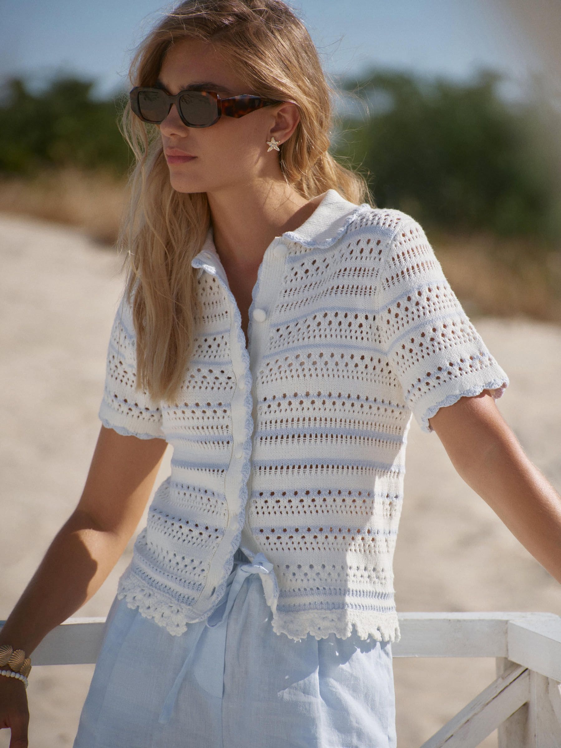 Buy Mint Velvet White Cotton Blend Stripe Crochet Top from the