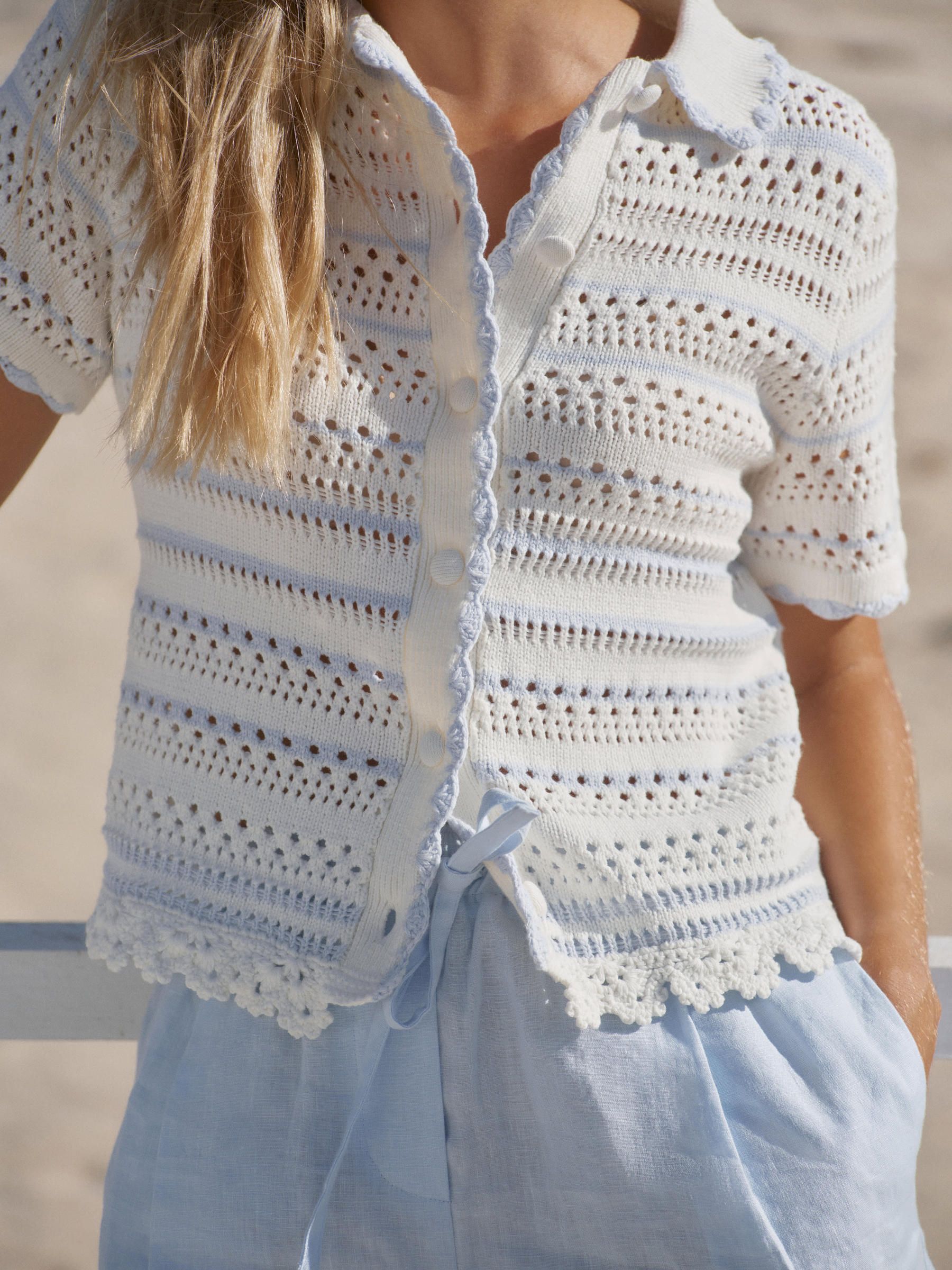 Buy Mint Velvet White Cotton Blend Stripe Crochet Top from the