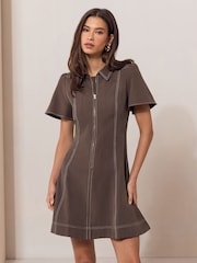 Lipsy Brown Contrast Stitch Collared Zip Front Short Sleeve Mini Dress - Image 1 of 5