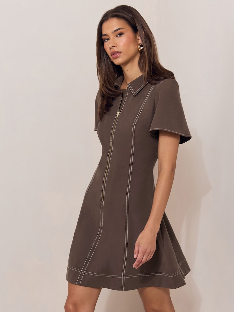 Lipsy Brown Contrast Stitch Collared Zip Front Short Sleeve Mini Dress - Image 2 of 5
