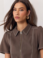 Lipsy Brown Contrast Stitch Collared Zip Front Short Sleeve Mini Dress - Image 3 of 5