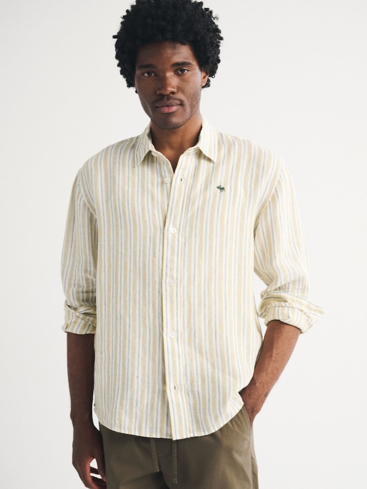 Abercrombie & Fitch Yellow Icon Linen Collared Shirt - Image 1 of 5 Abercrombie & Fitch Yellow Icon Linen Collared Shirt - Image 1 of 5