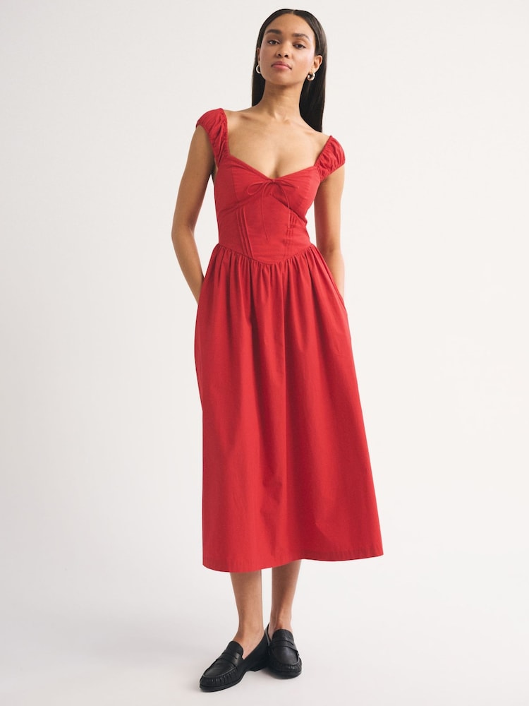 Abercrombie & Fitch Red Bra Free Summer Dipped Waist Ruched Midi Dress - Image 1 of 7