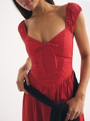 Abercrombie & Fitch Red Bra Free Summer Dipped Waist Ruched Midi Dress - Image 4 of 7
