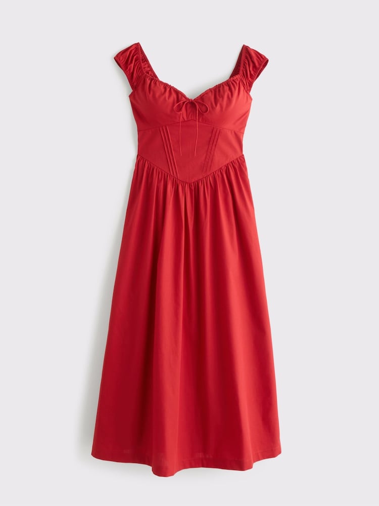 Abercrombie & Fitch Red Bra Free Summer Dipped Waist Ruched Midi Dress - Image 7 of 7