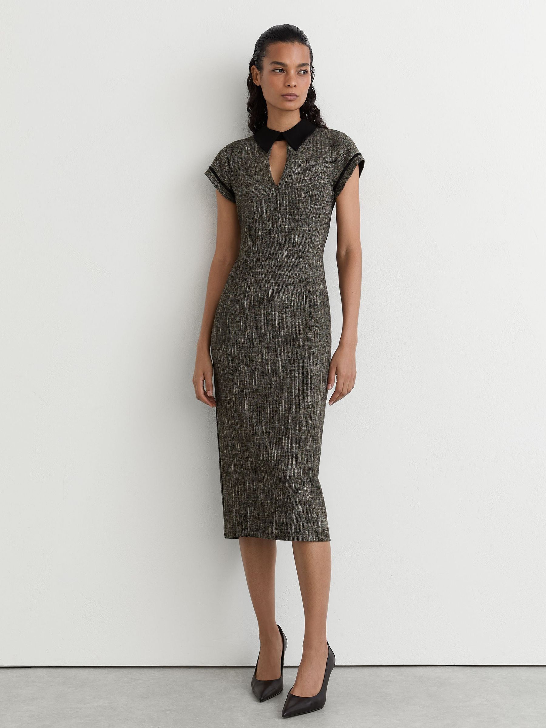 Reiss Grey Collared Fitted Midi Dress In Gray