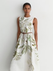 Reiss Ivory/Khaki Palma Linen Palm-Print Midi Dress - Image 1 of 7
