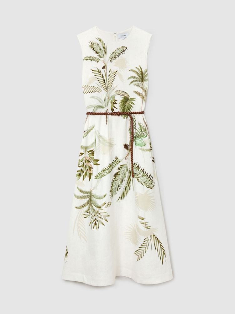Reiss Ivory/Khaki Palma Linen Palm-Print Midi Dress - Image 2 of 7 Reiss Ivory/Khaki Palma Linen Palm-Print Midi Dress - Image 2 of 7